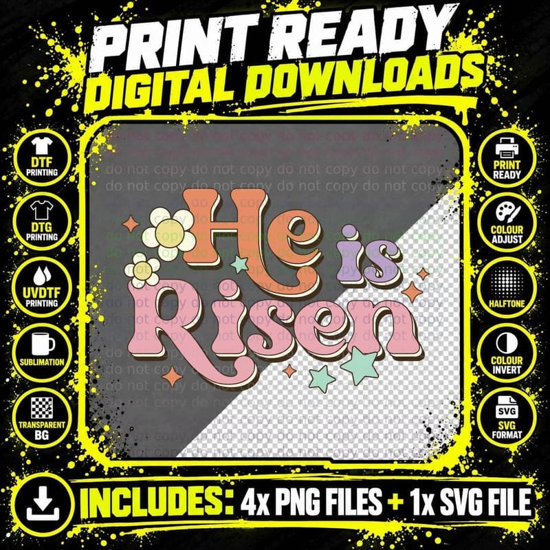He Is Risen Easter T-Shirt, Retro Floral Stars Easter Png SVG Digital Bundle
