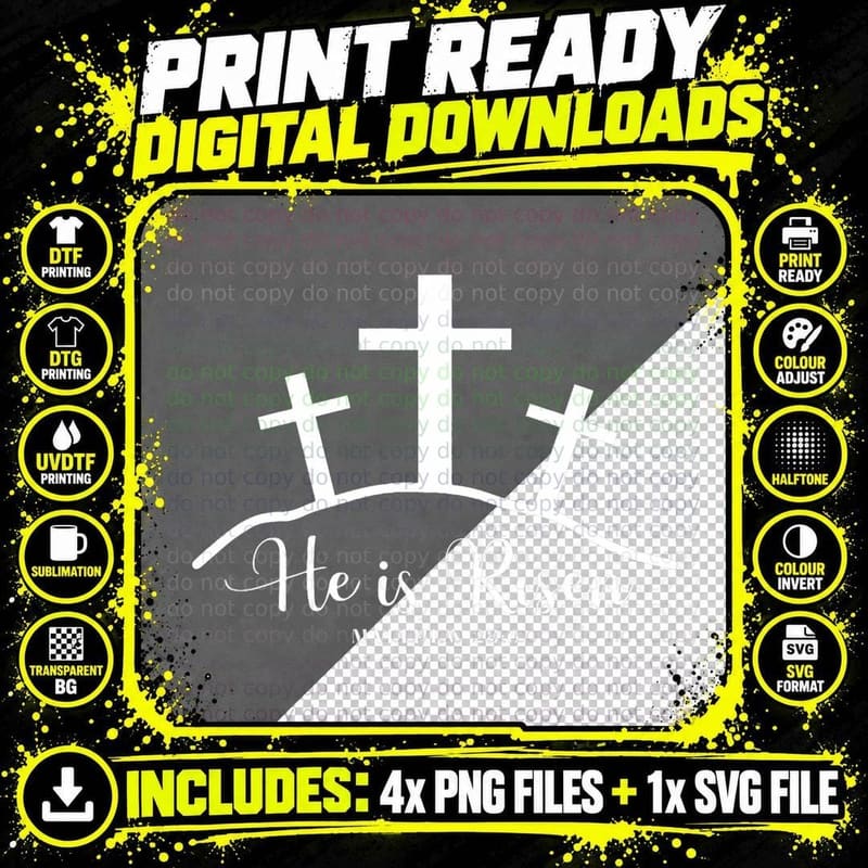 He Is Risen Happy Easter Day Christian Cross Jesus Men Png SVG Digital Bundle