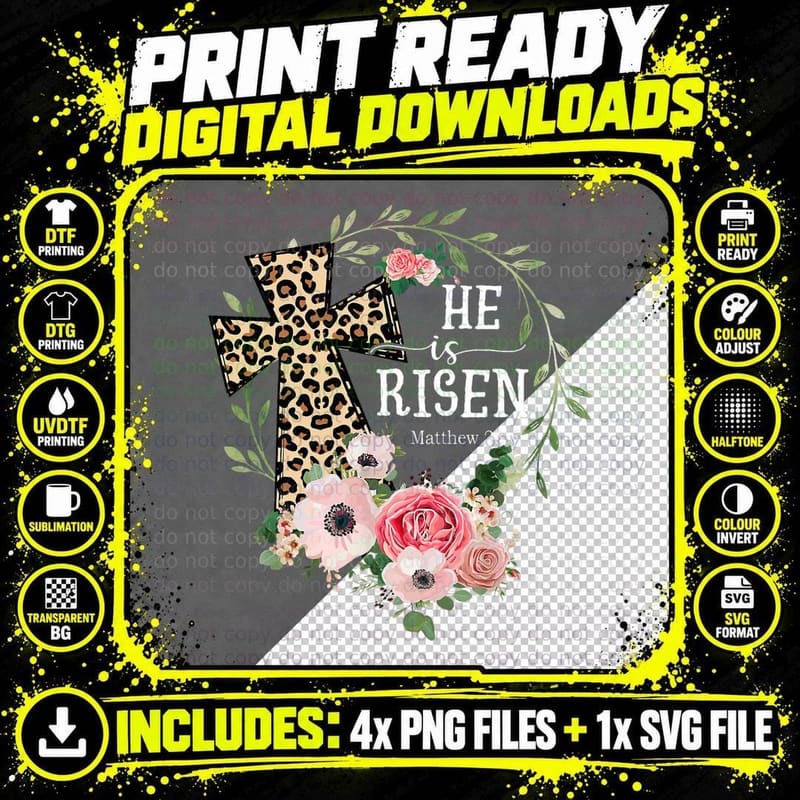 He Is Risen Happy Easter Day Jesus Leopard Christian Png SVG Digital Bundle