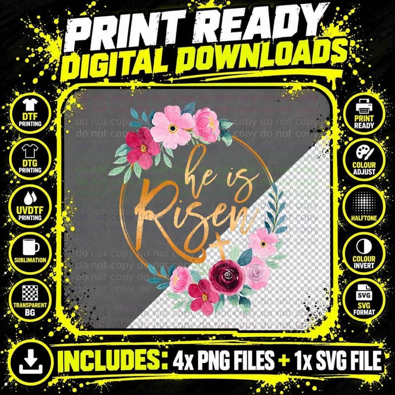 He Is Risen Jesus Christian Easter Floral Wreath Women Png SVG Digital Bundle