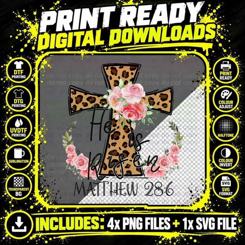 He Is Risen Jesus Christian Happy Easter Floral Leopart Png SVG Digital Bundle