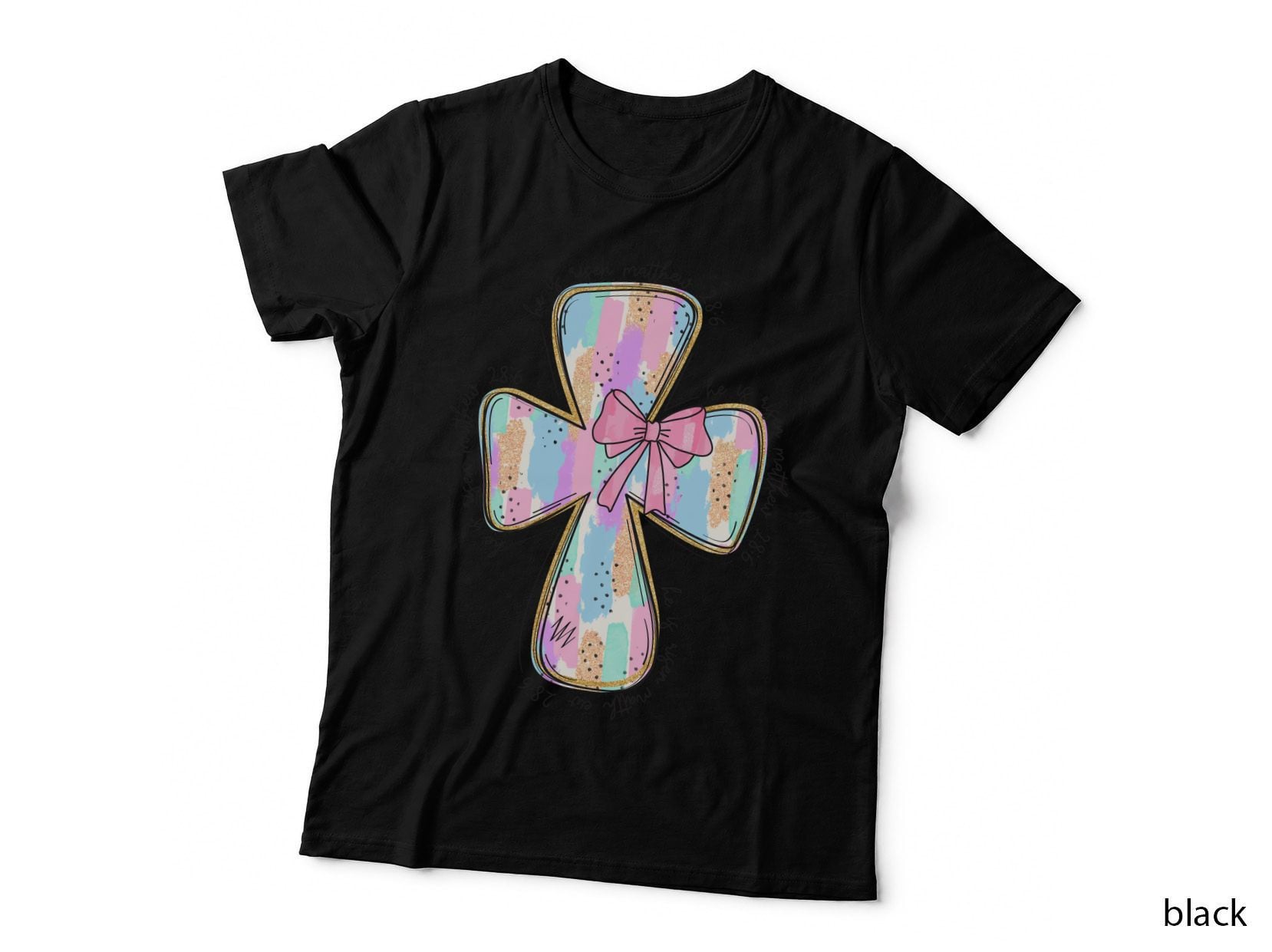 He Is Risen Matthew 28 6 Easter T-Shirt, Pastel Cross with Bow Graphic Tee