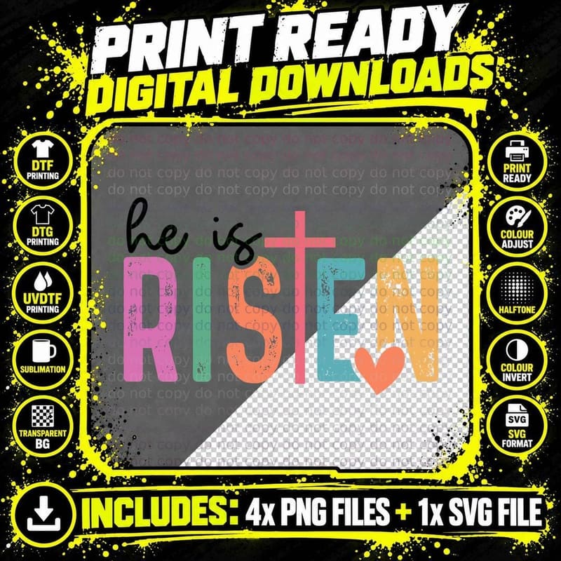 He Is Risen Pink Orange Multicolor Cross Easter Png SVG Digital Bundle