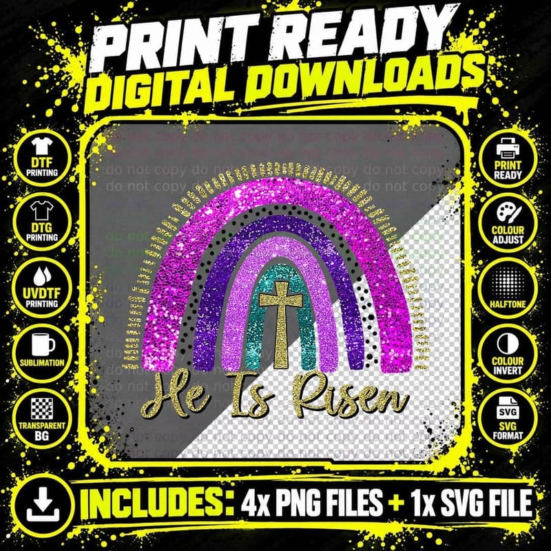 He Is Risen Rainbow Christian Jesus Happy Easter Day Png SVG Digital Bundle