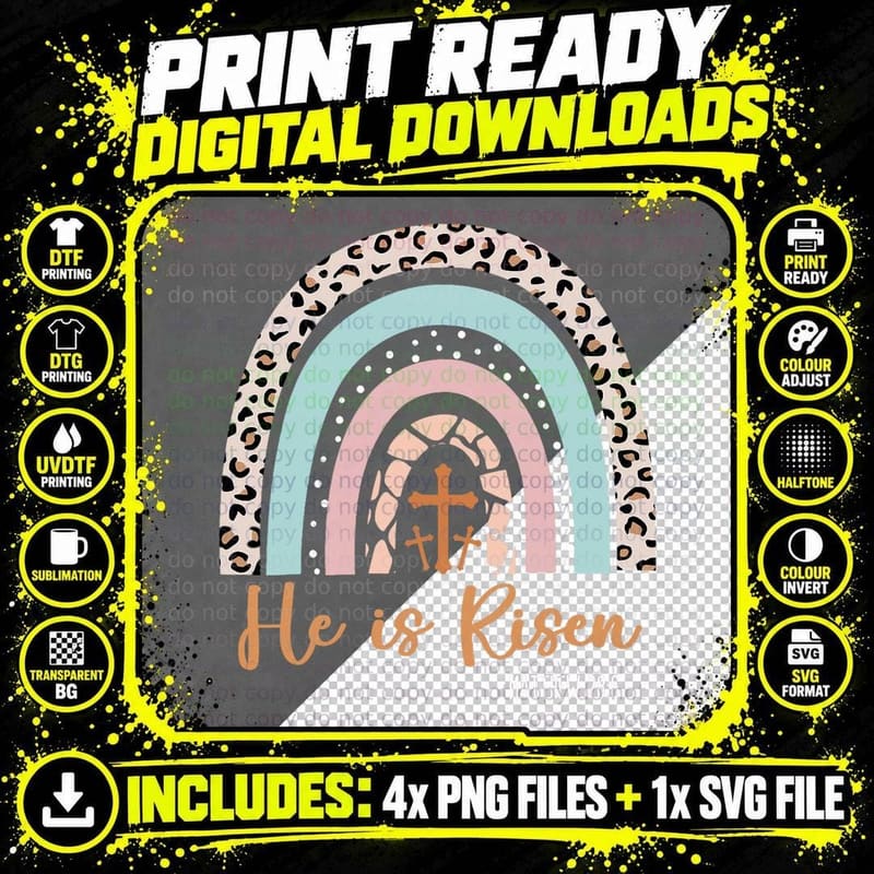 He Is Risen Rainbow Happy Easter Day Christian Jesus Png SVG Digital Bundle