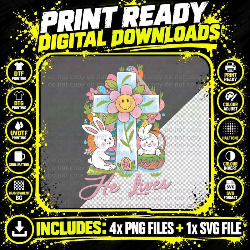 He Lives Easter T-Shirt, Easter Bunnies with Cross and Png SVG Digital Bundle