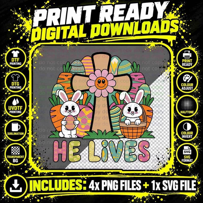 He Lives Easter T-Shirt, Easter Bunnies with Eggs and Png SVG Digital Bundle