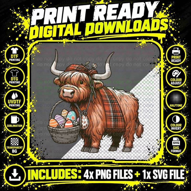 Highland Cow Tartan Scarf Tee, Easter Basket of Eggs Png SVG Digital Bundle