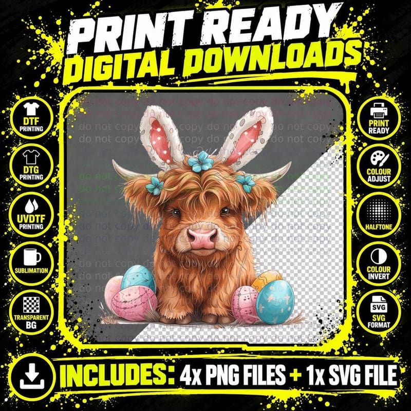 Highland Cow Wearing Bunny Ears, Pastel Easter Eggs Png SVG Digital Bundle
