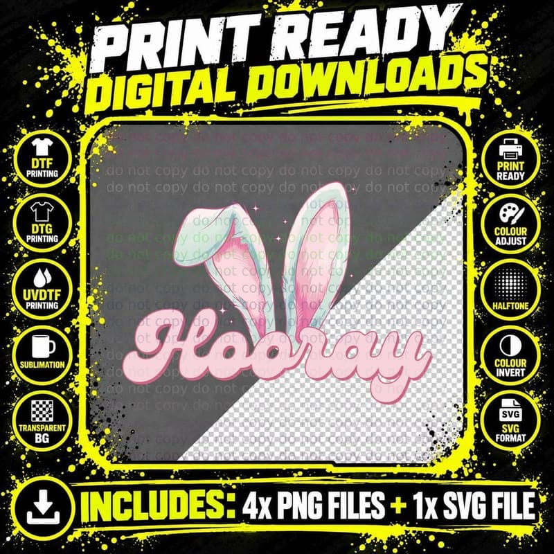 Hooray Easter T-Shirt, Bunny Ears with Sparkles Graphic Png SVG Digital Bundle