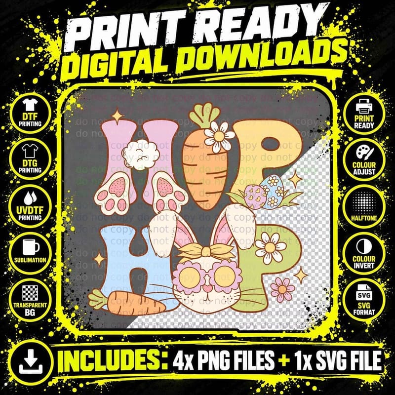 Hop Easter T-Shirt, Easter Bunny with Carrot and Eggs Png SVG Digital Bundle