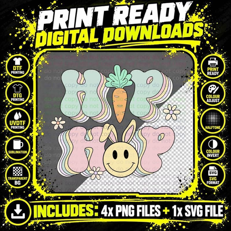 Hop Easter T-Shirt, Pastel Bunny with Carrot and Flowers Png SVG Digital Bundle