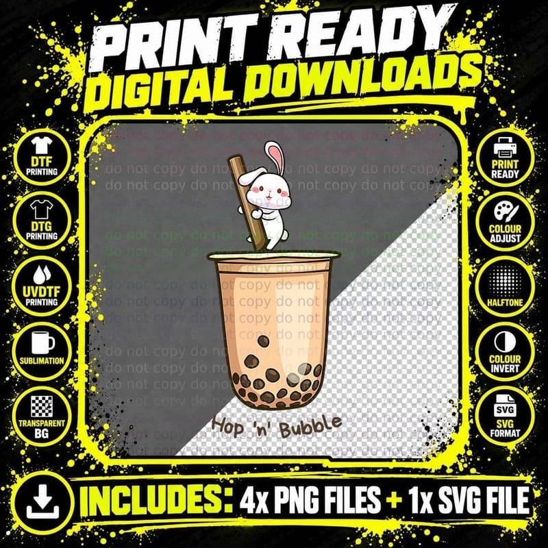 Hop N Bubble Milk Tea, Bunny & Boba Tea with Tapioca Png SVG Digital Bundle