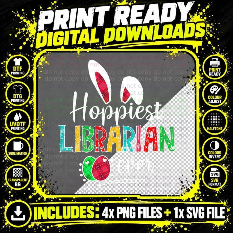 Hoppiest Librarian Ever Bunny Ears Buffalo Plaid Easter Png SVG Digital Bundle