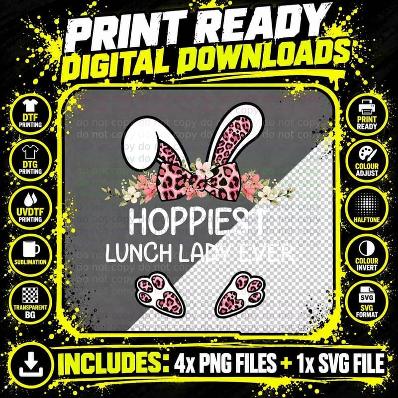Hoppiest Lunch Lady Ever Leopard Women Girl Easter Day Png SVG Digital Bundle