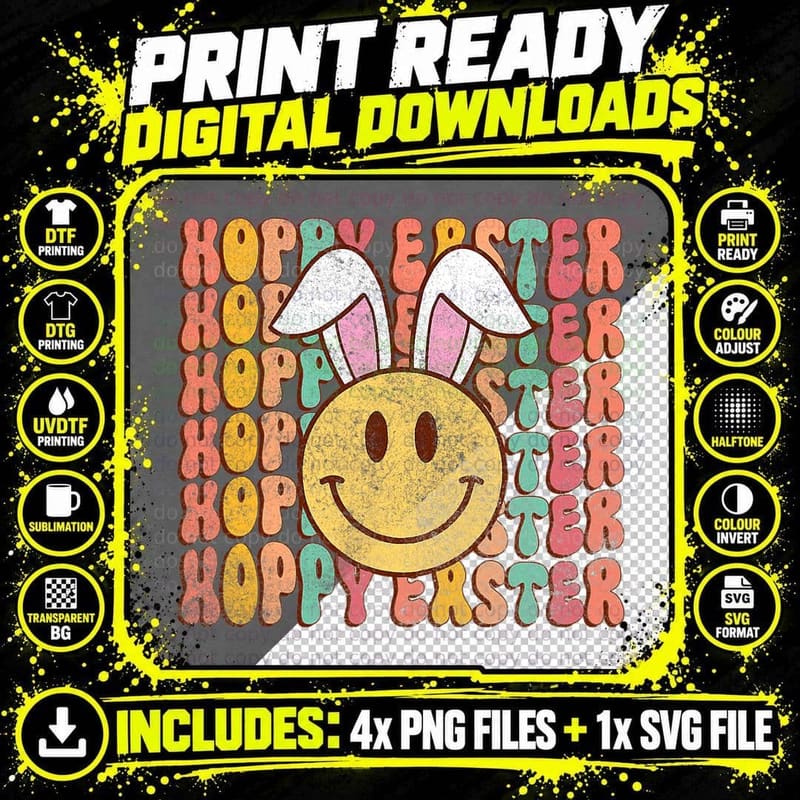 Hoppy Easter Retro Groovy Bunny Smile Happy Face Easter Png SVG Digital Bundle