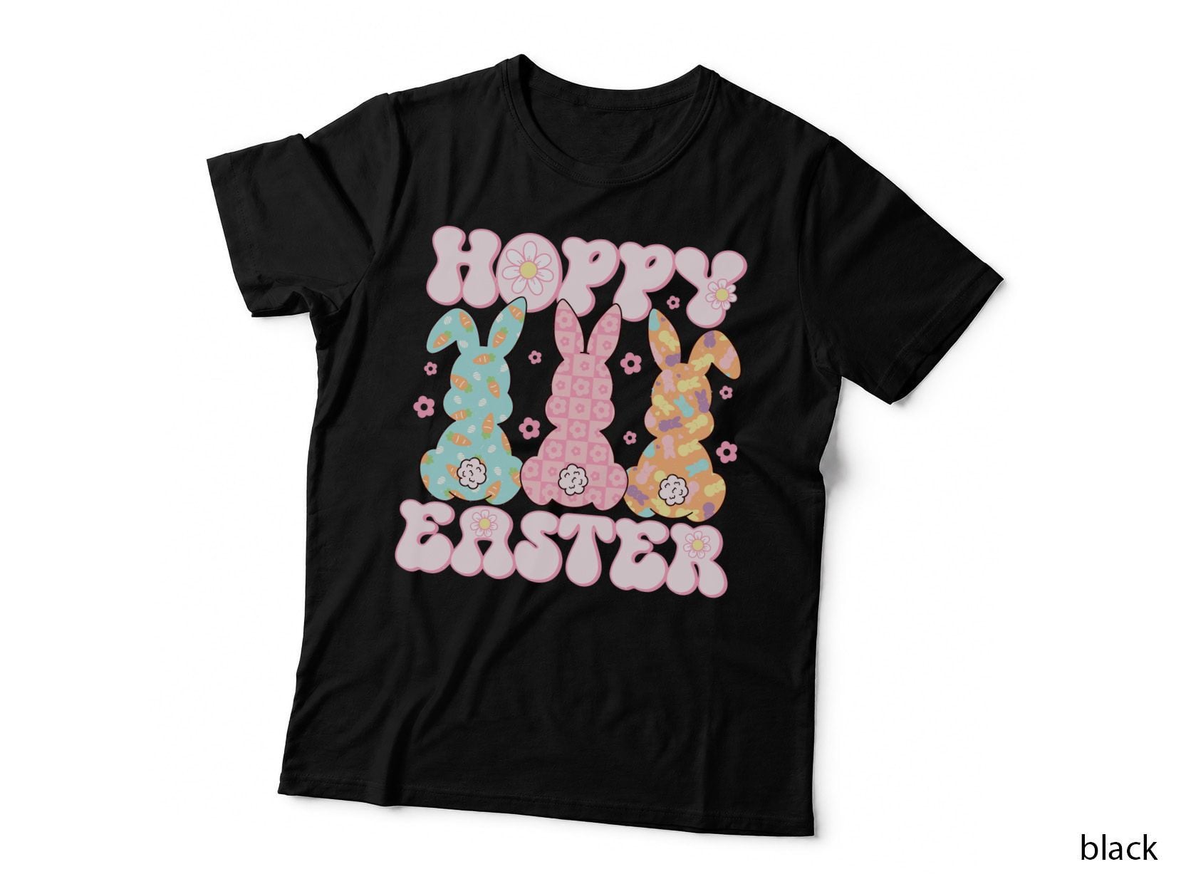 Hoppy Easter T-Shirt, Easter Bunnies with Pastel Patterns Graphic Tee