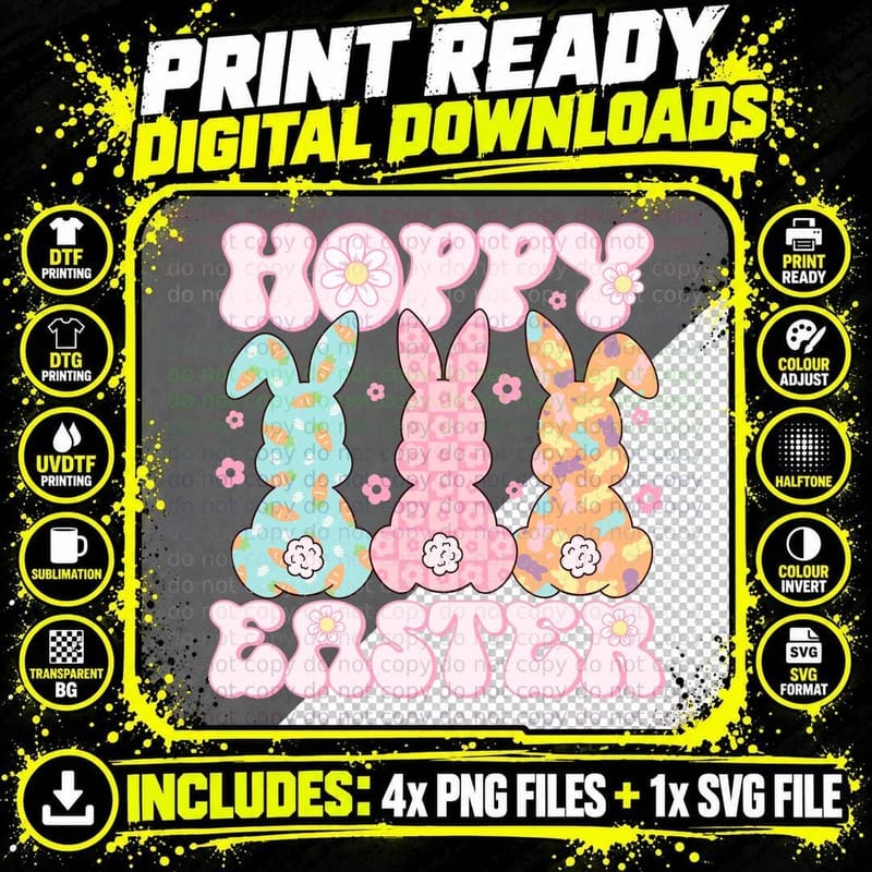 Hoppy Easter T-Shirt, Easter Bunnies with Pastel Png SVG Digital Bundle