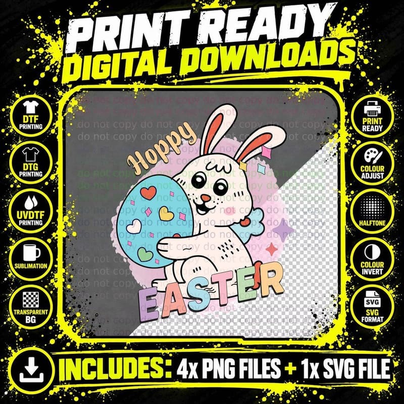 Hoppy Easter T-Shirt, Easter Bunny Holding Egg Graphic Png SVG Digital Bundle