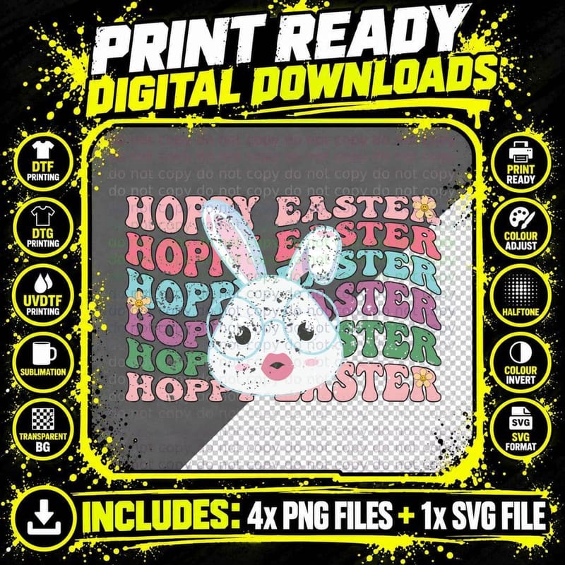 Hoppy Easter T-Shirt, Easter Bunny with Glasses Graphic Png SVG Digital Bundle