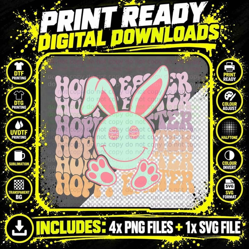 Hoppy Easter T-Shirt, Easter Bunny with Pastel Colors Png SVG Digital Bundle