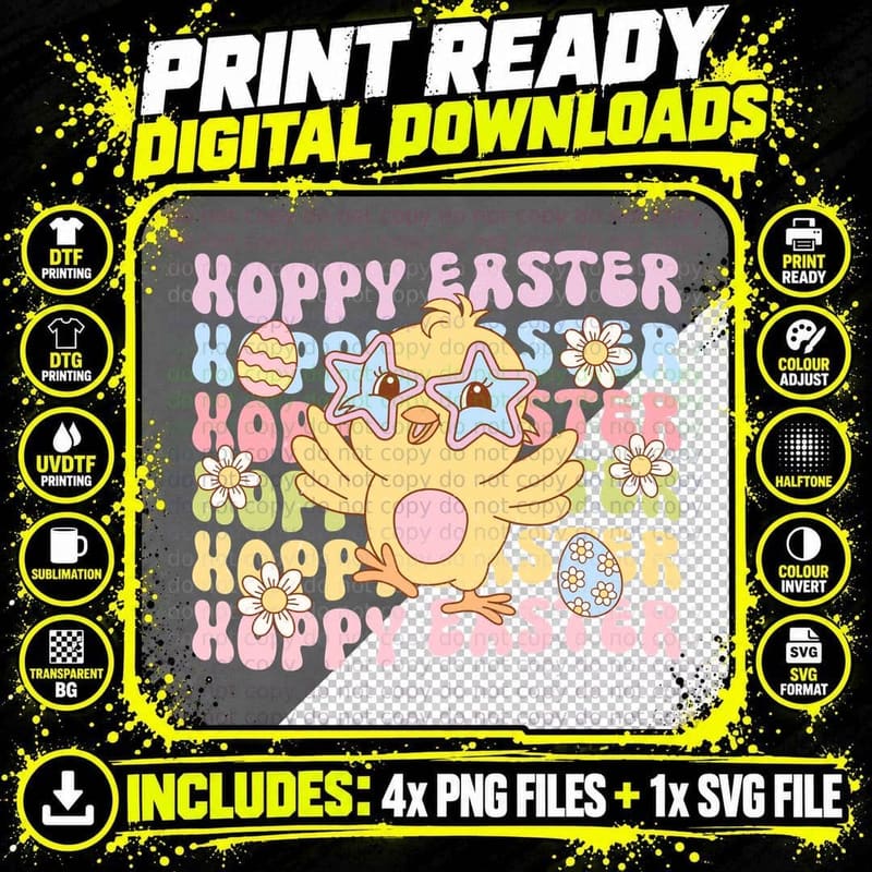 Hoppy Easter T-Shirt, Easter Chick Wearing Star Glasses Png SVG Digital Bundle