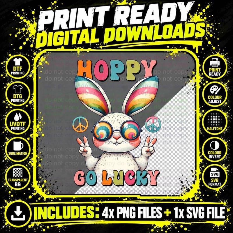 Hoppy Go Lucky Easter T-Shirt, Colorful Bunny Peace Sign Png SVG Digital Bundle