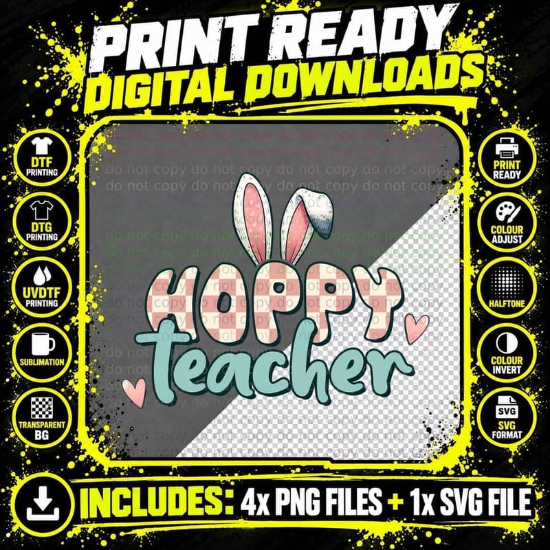 Hoppy Teacher Easter T-Shirt, Bunny Ears on Checkered Png SVG Digital Bundle