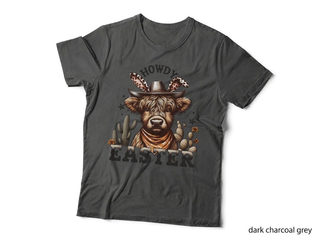 Howdy Easter Highland Cow T-Shirt, Cow Wearing Cowboy Hat with Cacti Graphic