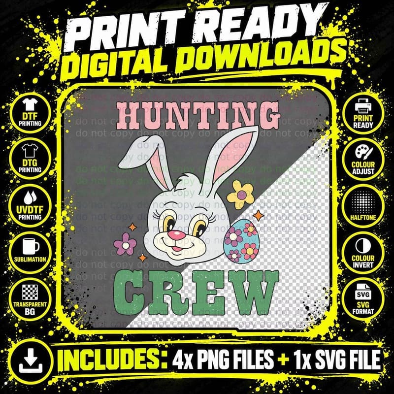 Hunting Crew Easter T-Shirt, Easter Bunny Holding Egg Png SVG Digital Bundle