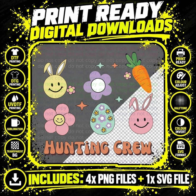 Hunting Crew Easter T-Shirt, Easter-Themed Smiley Faces Png SVG Digital Bundle