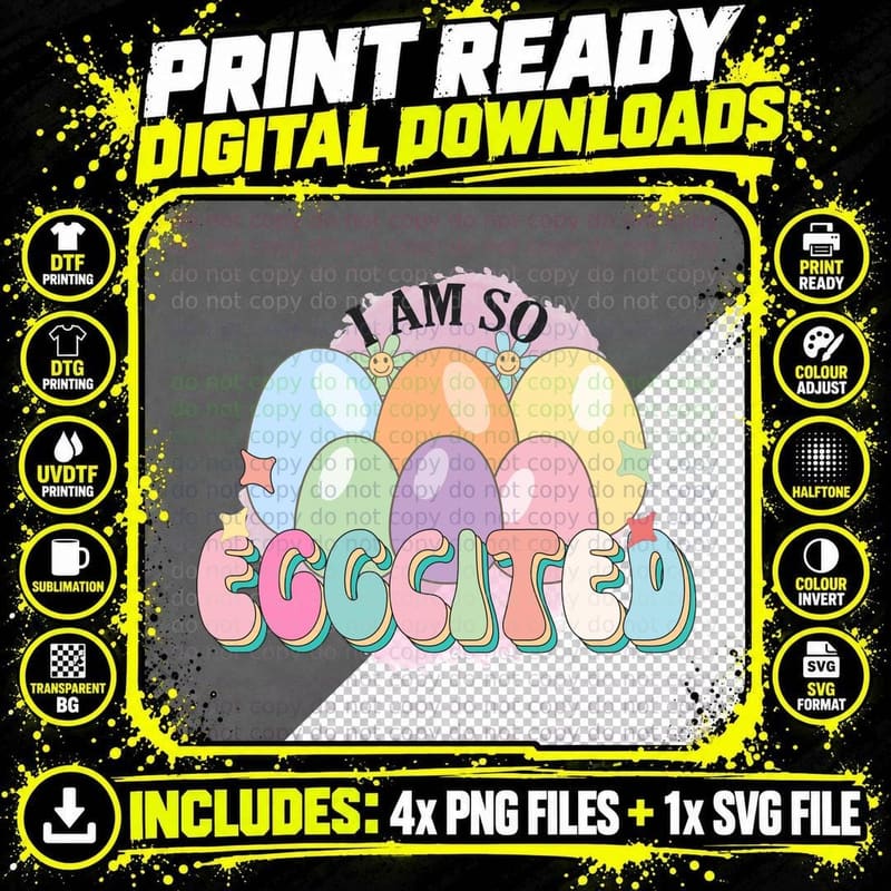 I Am So Eggcited Easter T-Shirt, Pastel Easter Eggs with Png SVG Digital Bundle