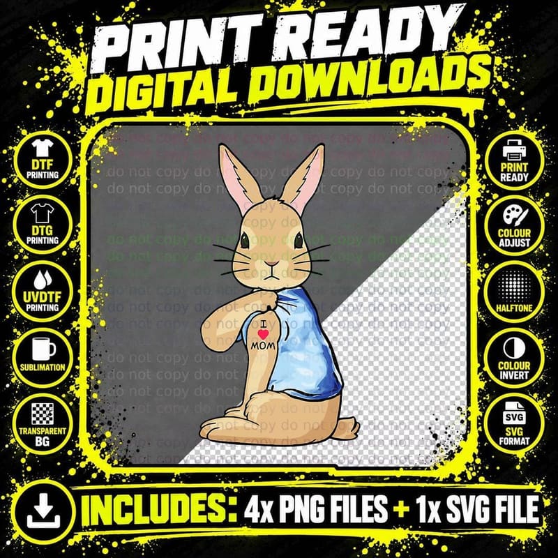 I Love Mom Bunny Tattoo Bunny Rabbit Hipster Easter Png SVG Digital Bundle