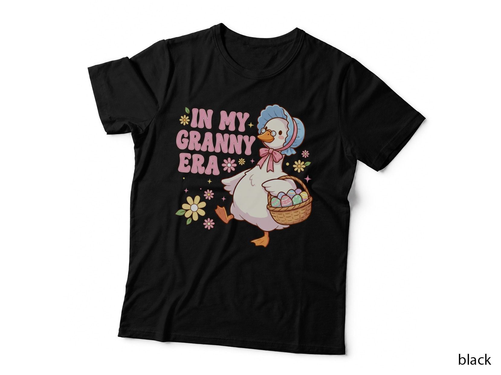 In My Granny Era Funny Goose T-Shirt, Duck Holding Easter Eggs Basket Graphic
