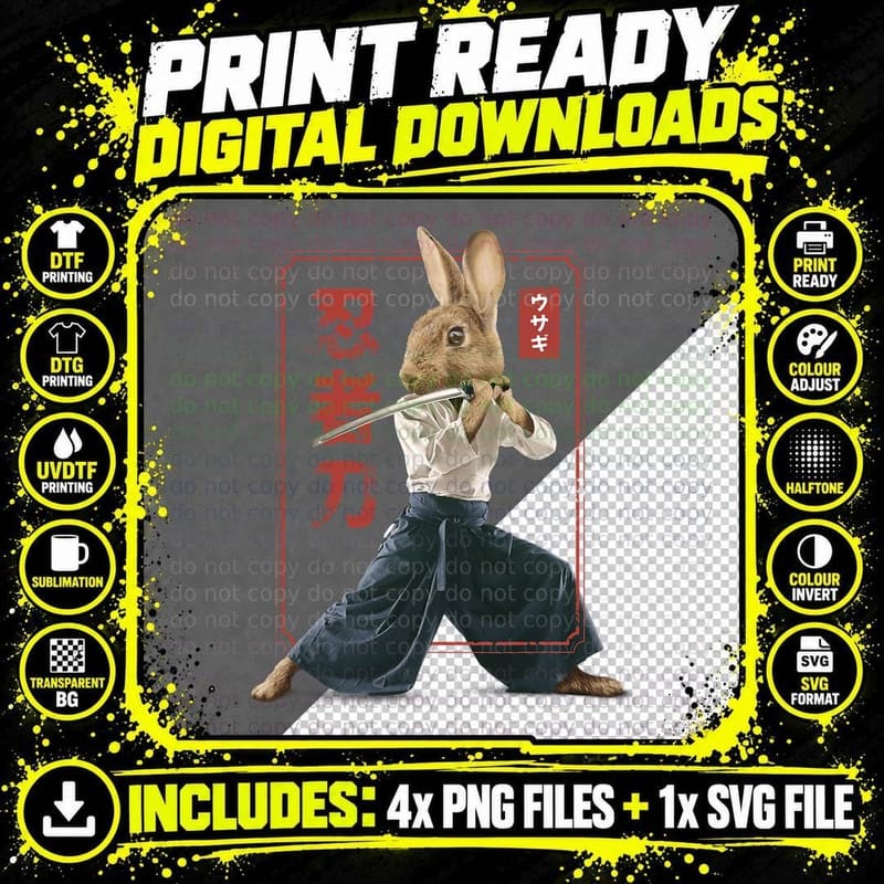Japanese Samurai Ninja Bunny Rabbit Kawaii Tattoo Png SVG Digital Bundle