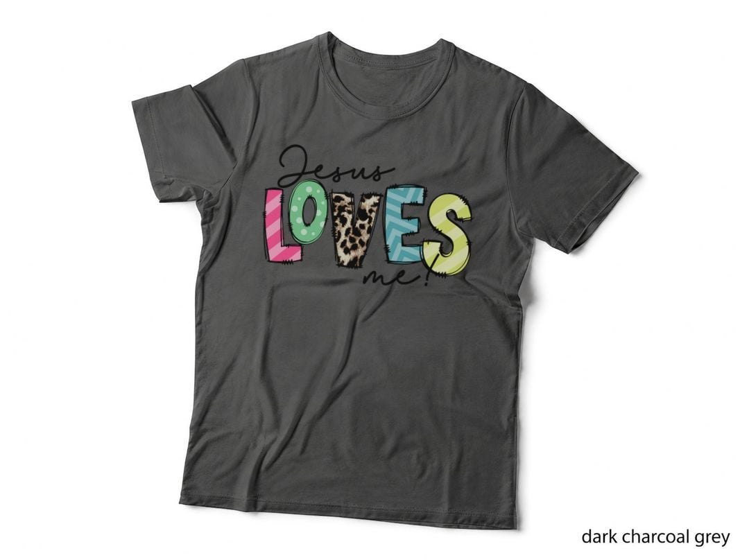 Jesus Loves Me! Easter T-Shirt, Colorful Patterned Letters on Gray Graphic Tee
