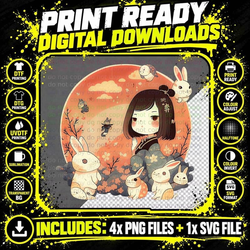 Kawaii Anime Chibi Bunny and Girl for Japanese Anime Png SVG Digital Bundle