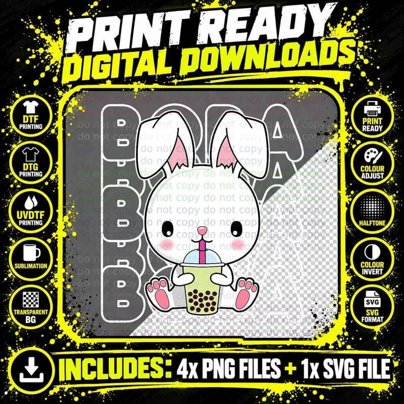 Kawaii Boba Bubble Milk Tea Rabbit Bunny Kids Teens Png SVG Digital Bundle
