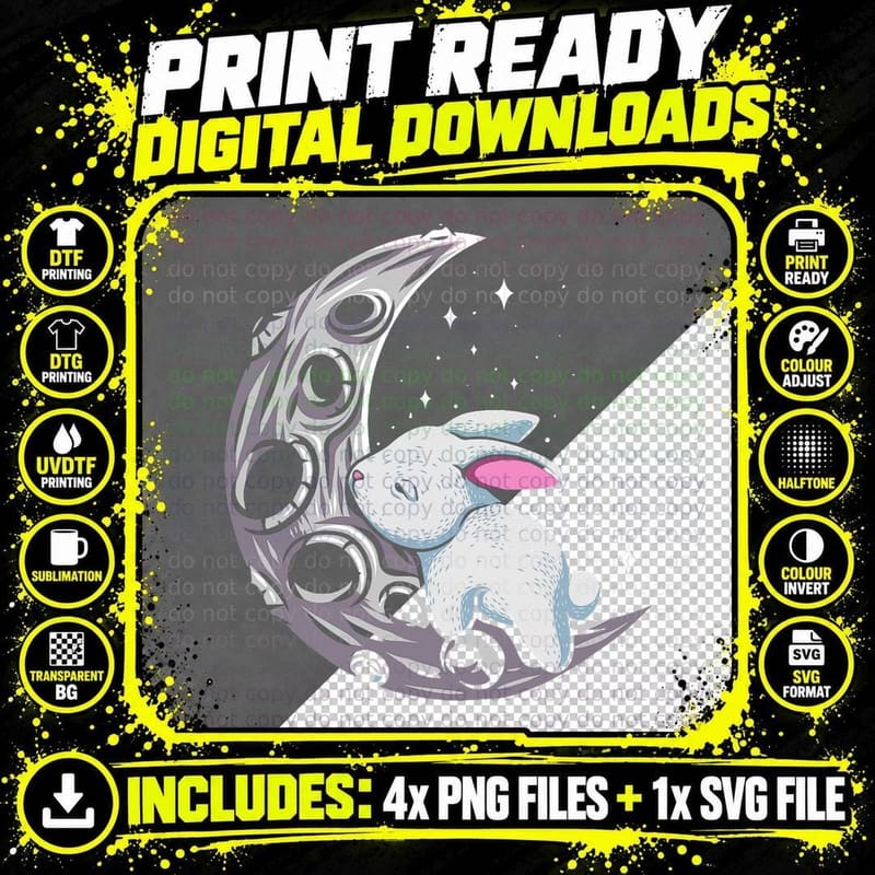 Kawaii Bunny on the Moon Cute Goth Easter Rabbit T-Shirt Png SVG Digital Bundle