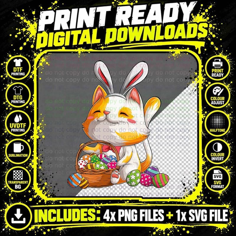 Kawaii Cat Bunny Happy Easter Day Egg Costume Girls Png SVG Digital Bundle