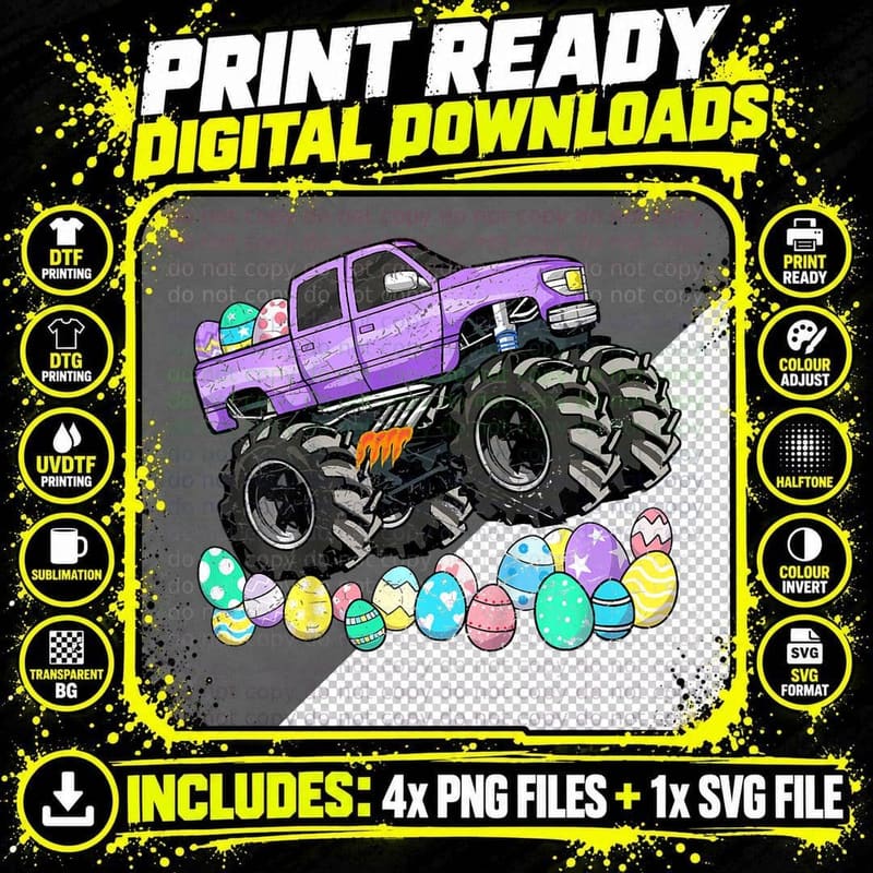 Kids Boys Easter Monster Truck Easter Eggs Toddler Png SVG Digital Bundle