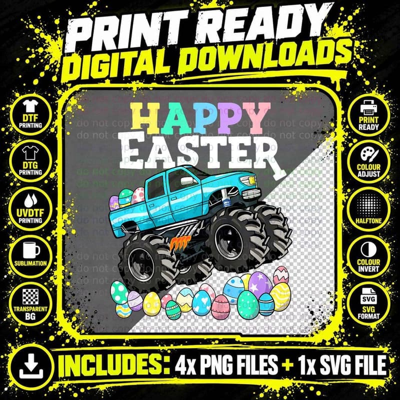 Kids Boys Happy Easter Monster Truck Easter Eggs Toddler Png SVG Digital Bundle