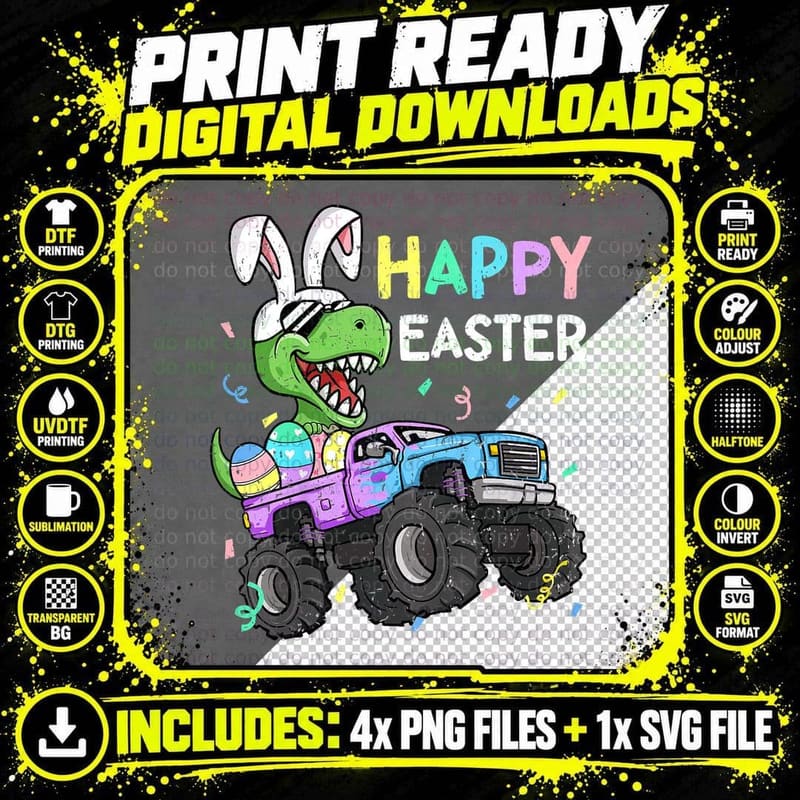 Kids Boys Happy Easter T-Rex Bunny Monster Truck Rabbit Png SVG Digital Bundle