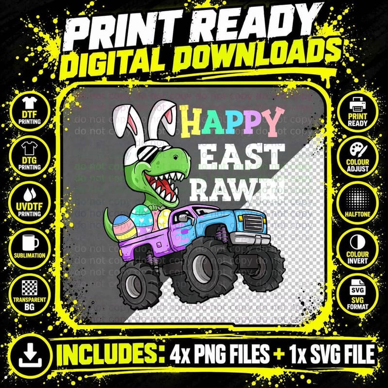 Kids Boys Happy Eastrawr Easter Eggs Monster Truck T-Rex Png SVG Digital Bundle