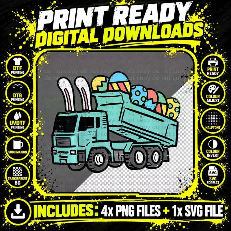 Kids Easter Eggs on Dump Truck Bunny Cute Boys Kids Png SVG Digital Bundle