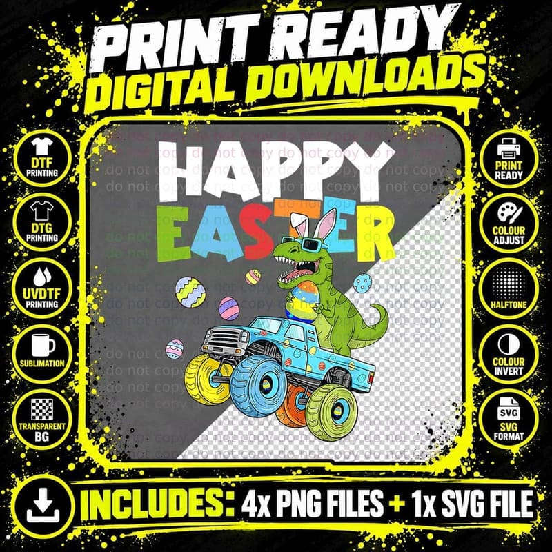 Kids Happy Easter Monster Truck Boys Dinosaur Bunny Png SVG Digital Bundle