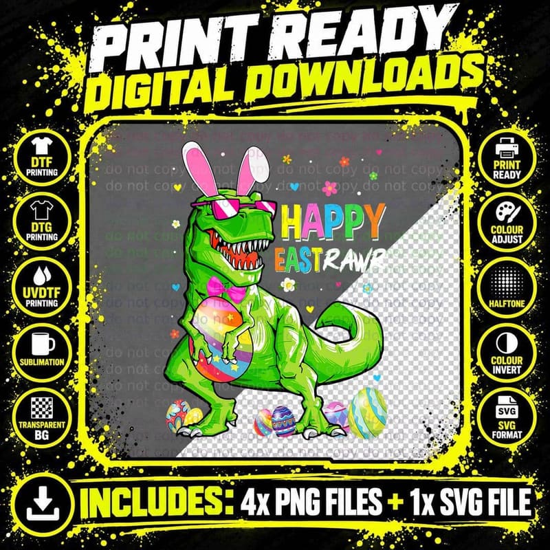 Kids Happy Eastrawr T Rex Easter Bunny Egg Funny Png SVG Digital Bundle