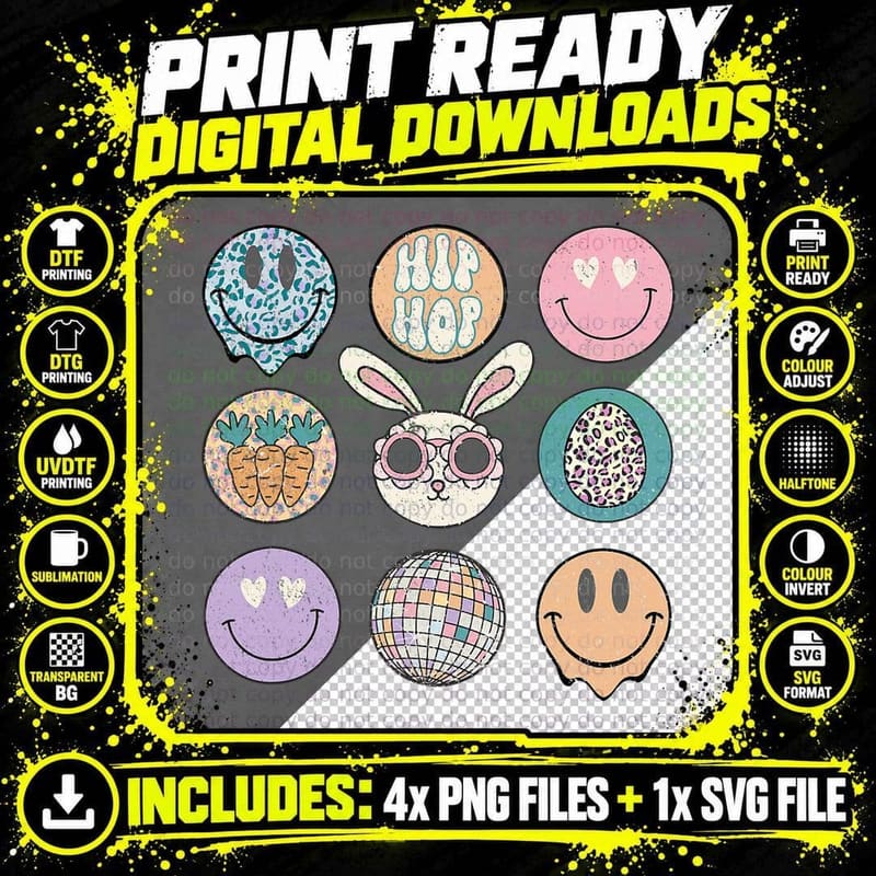 Leopard Bunny Smile Face Disco Retro Groovy Easter Png SVG Digital Bundle