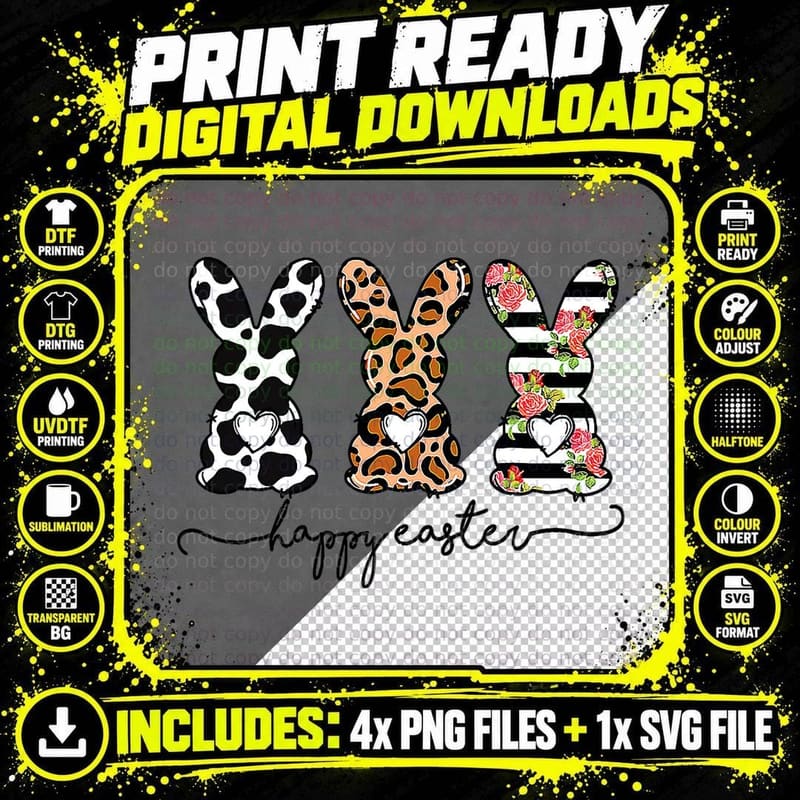 Leopard Cow Print Easter Bunnies Happy Easter Day T-Shirt Png SVG Digital Bundle