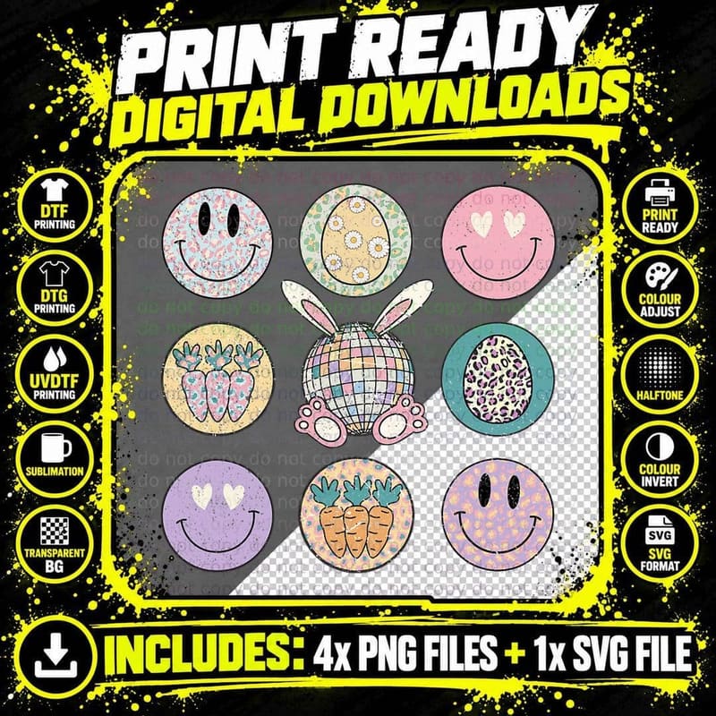 Leopard Easter Bunny Smile Face Disco Retro Groovy Png SVG Digital Bundle